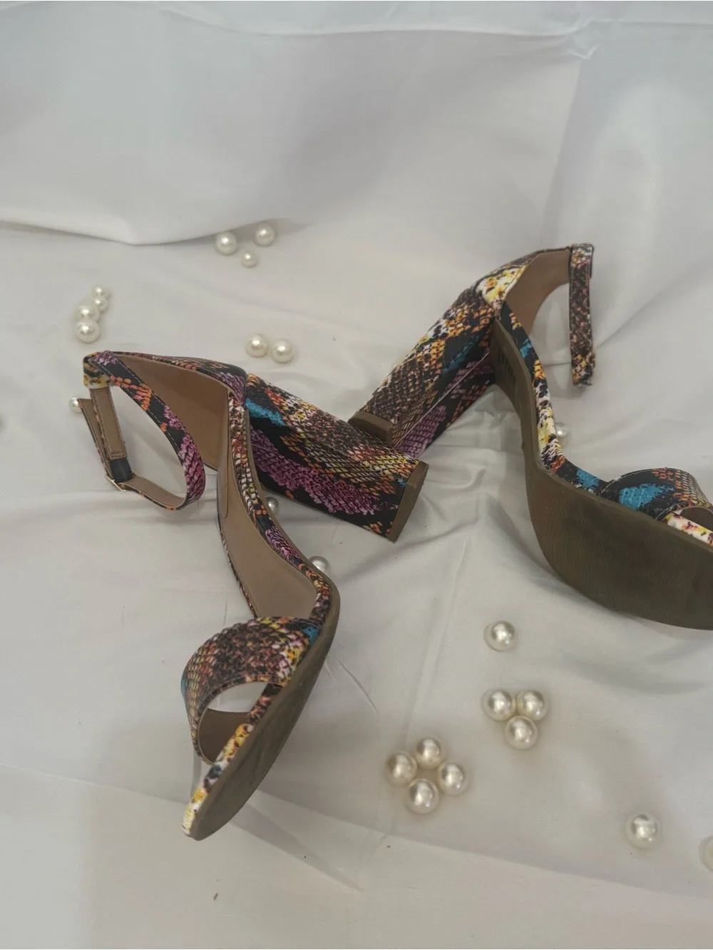 Madden Girl Multicolor Snake-Print Ankle Strap Block Heels